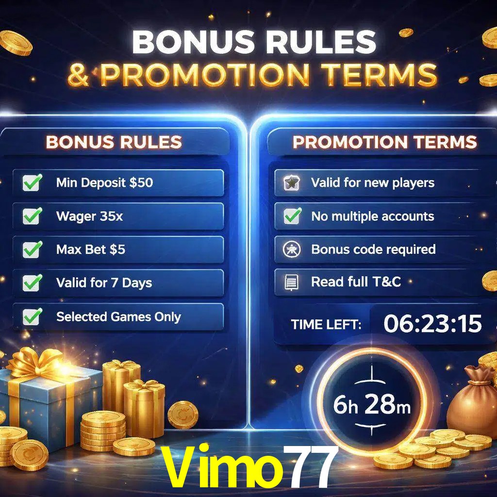 Reglas de promoción Vimo77 y condiciones de bonos explicadas visualmente