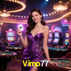 Escena dinámica inspirada en casino con iluminación Vimo77, cartas, fichas e íconos de juegos digitales en un espacio moderno de juegos.