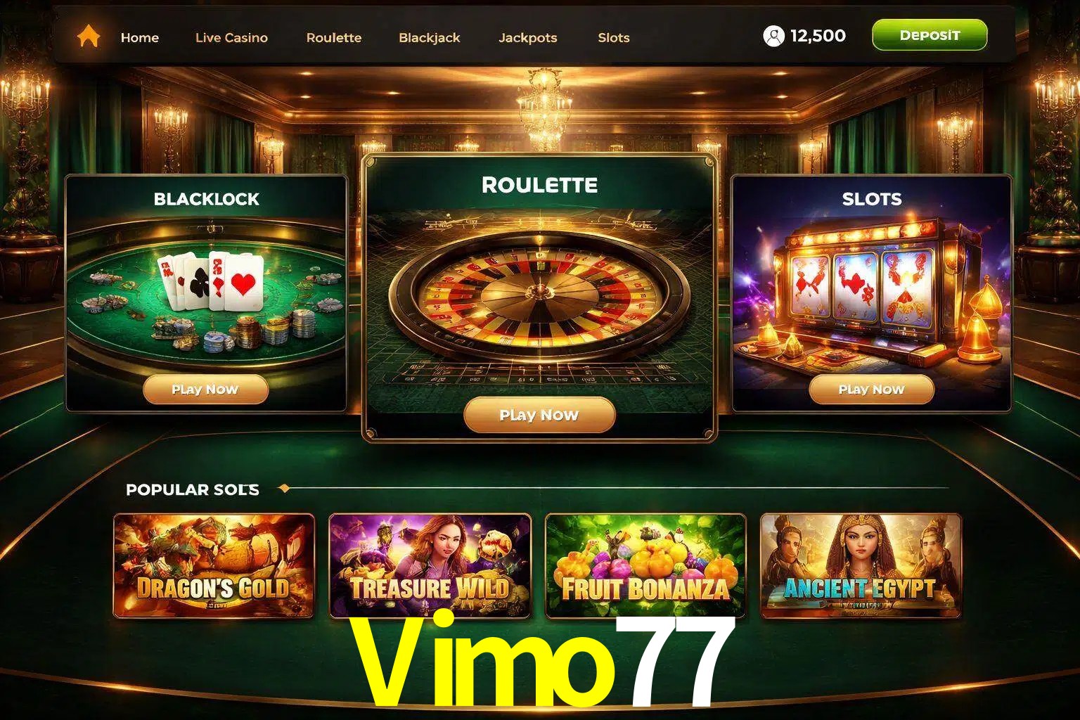 Vista de la plataforma Vimo77 Casino mostrando categorías organizadas de juegos en línea